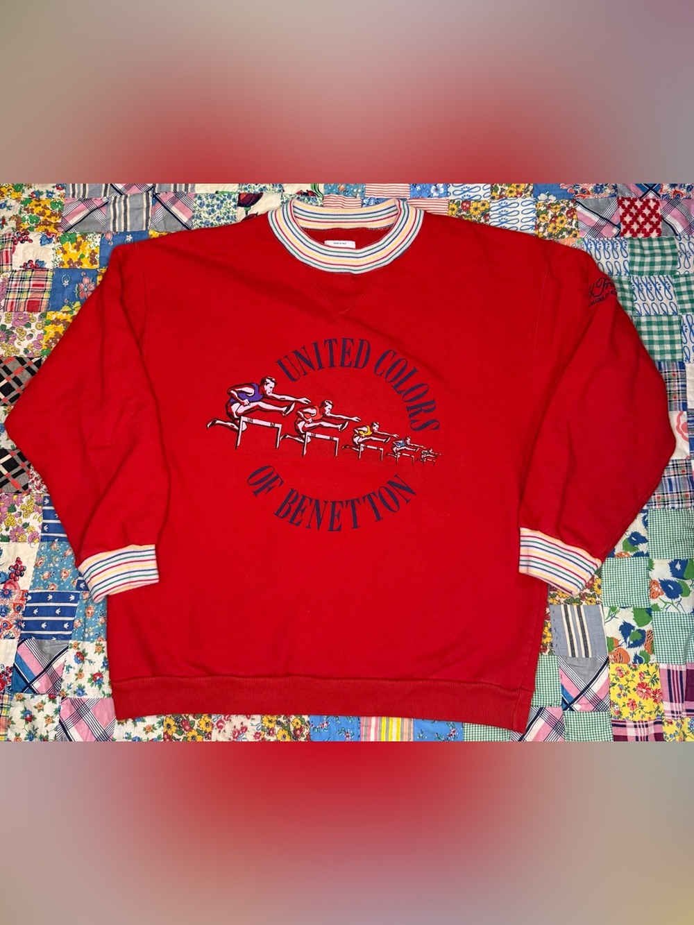 VTG 90s United Colors of Benetton Ribbed Crew Neck Sweatshirt Hurdlers Red SMALL